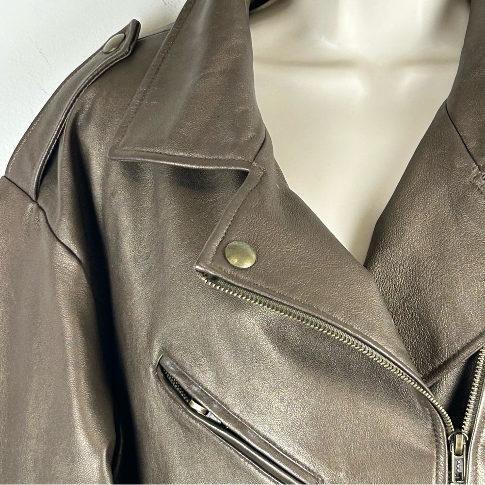 Bagatelle Leather Cropped Moto Jacket Bronze sz XL Minimalist Chic Quite Luxury - Picture 5 of 15